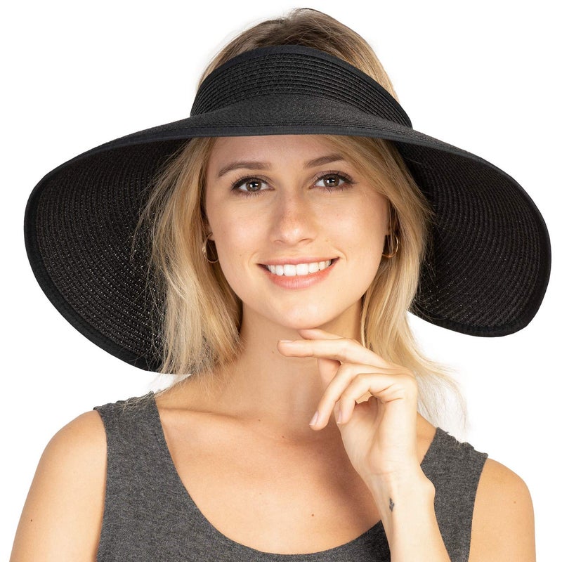 UOUDIO Sun Visor Hats Summer Wide Brim Clip on Beach Adjustable Large Brim Cap Golf Hat for Women Black - Image 1